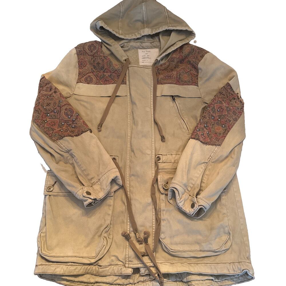 Vintage Free People Women's Beige Hooded Outdoor Jacket Tapestry Medium